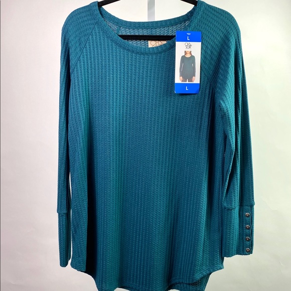 Teal Blue Waffle Knit Top, Raglan Sleeves, Tunic Length Soft & Cozy, Chaser, New - Picture 5 of 12